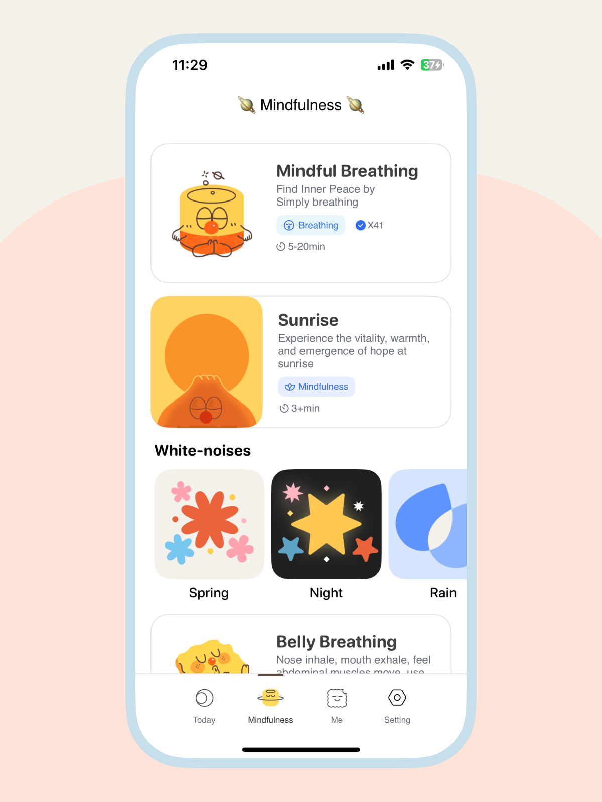 Home screen with cute meditation guide character